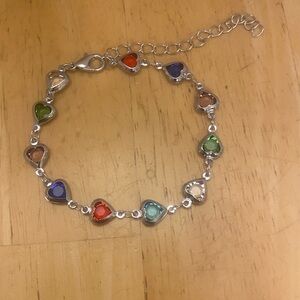Colorful crystal Heart silvertone bracelet Adjusts 6.5-9 in. NIP Great gift
